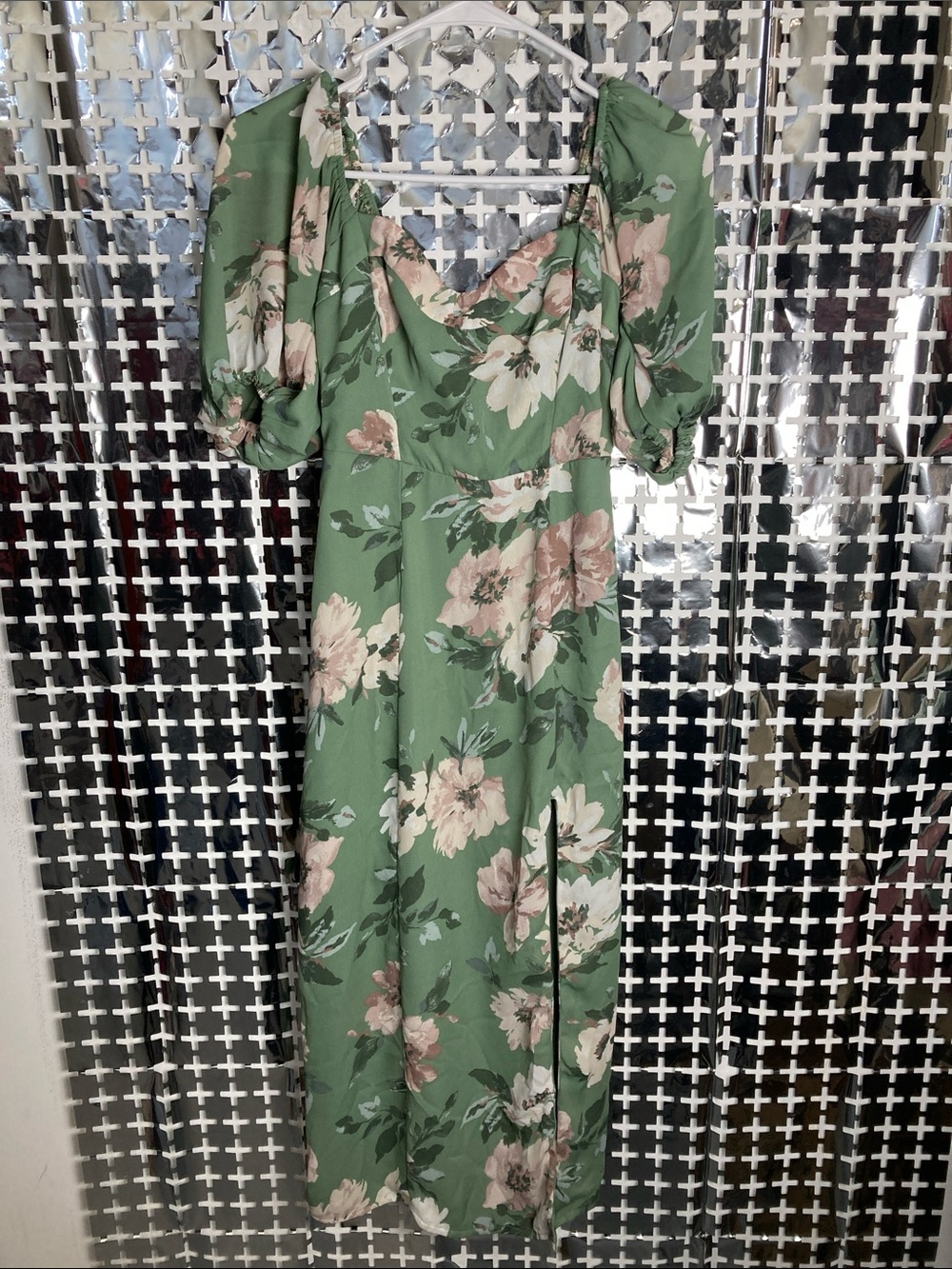 Abercrombie & Fitch Green Floral Puff-Sleeve Midi Dress